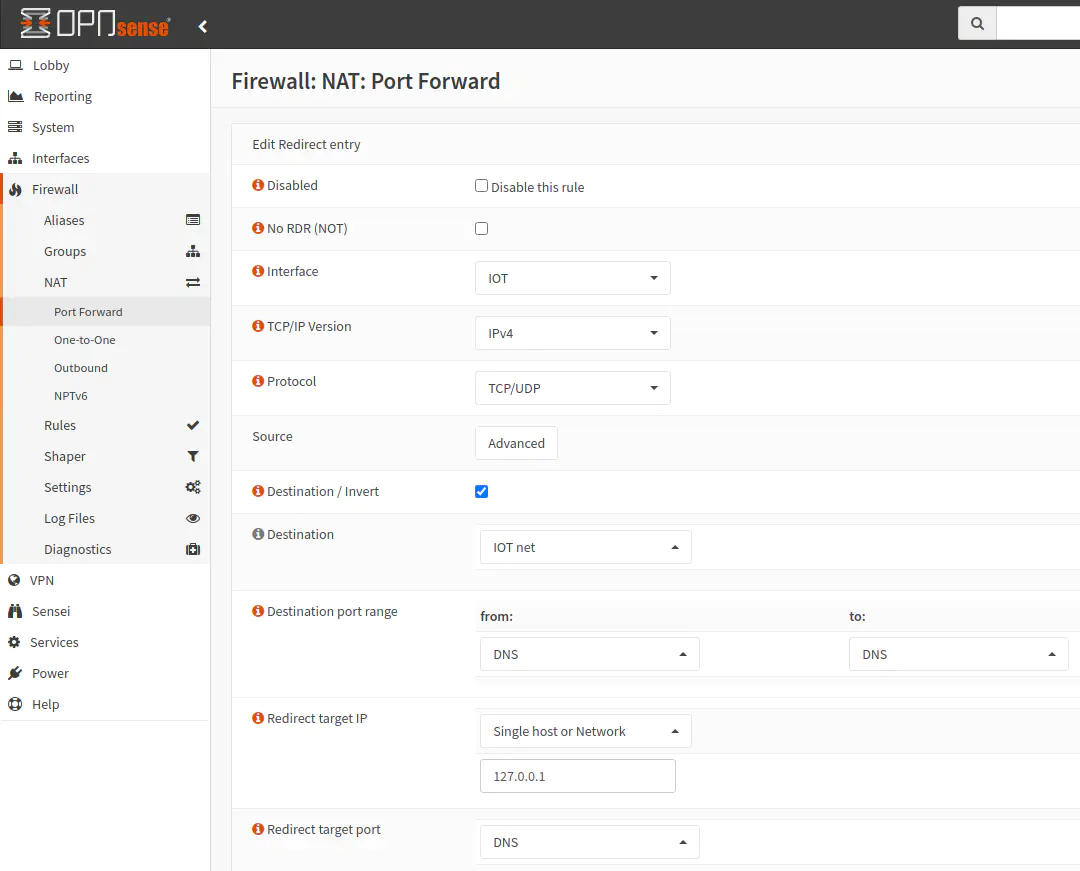 OPNsense重定向DNS请求到本地DNS解析器_端口转发