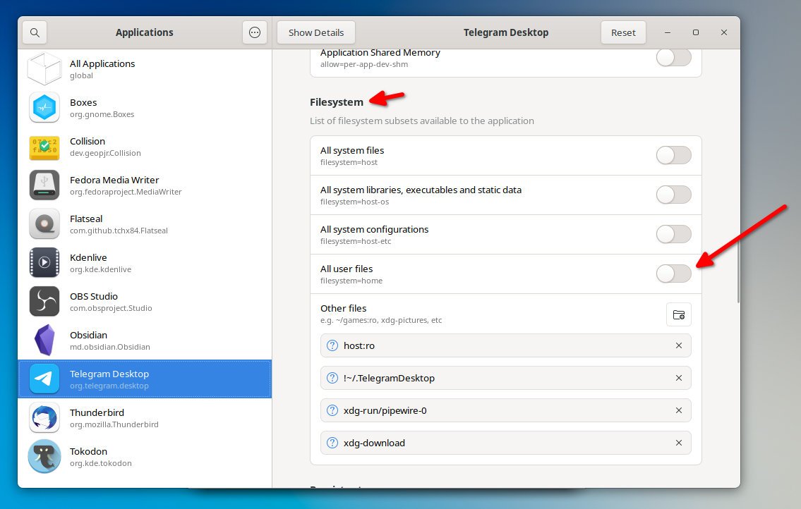 Figure 3: Telegram Desktop Flatpak App does not have permission to the home folders