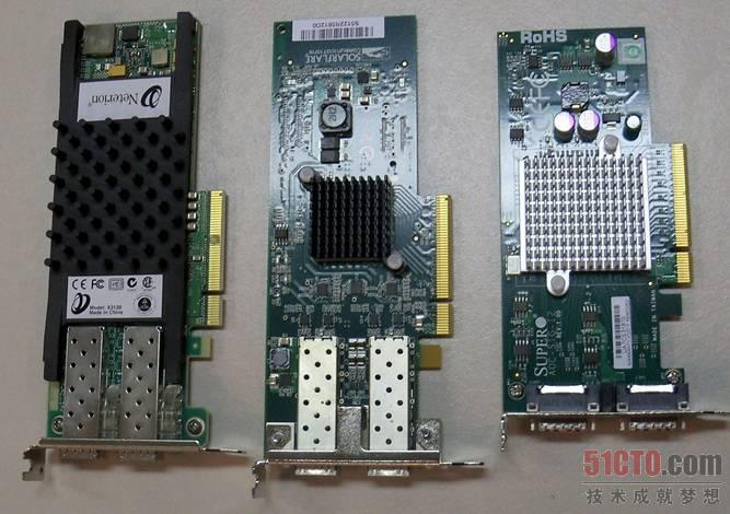 图 24 参与测试的三块网卡（左侧是Neterion X3120，中间是Solarflare SFN5122F，右侧是英特尔82598）