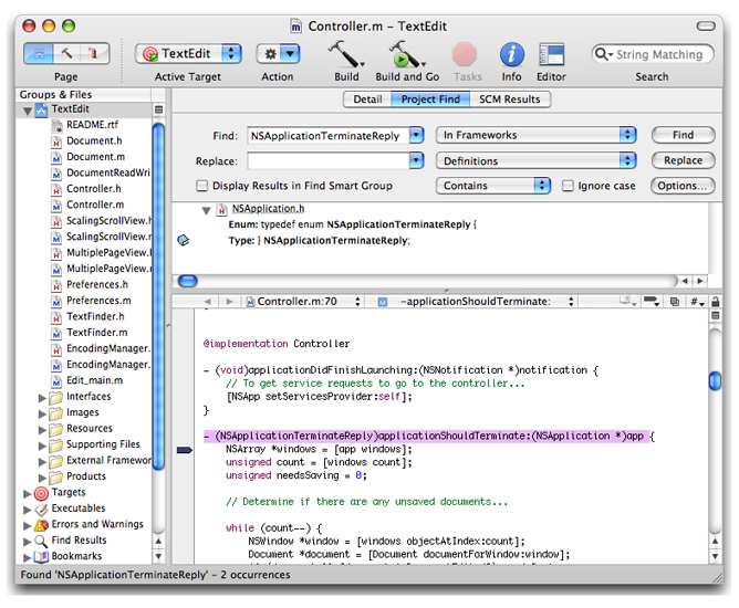 The TextEdit example project in Xcode