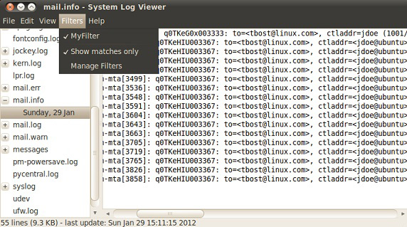系统日志查看器屏幕截图，显示邮箱地址 tbost@linux.com 过滤的消息