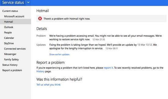 微软Hotmail服务长时间宕机遭用户吐槽