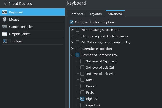 A screenshot shows the advanced options threaded under Keyboard settings. "Configure keyboard options" is checked, "Position of Compose Key" is checked within that menu, and "Right Alt" is checked within that menu.
