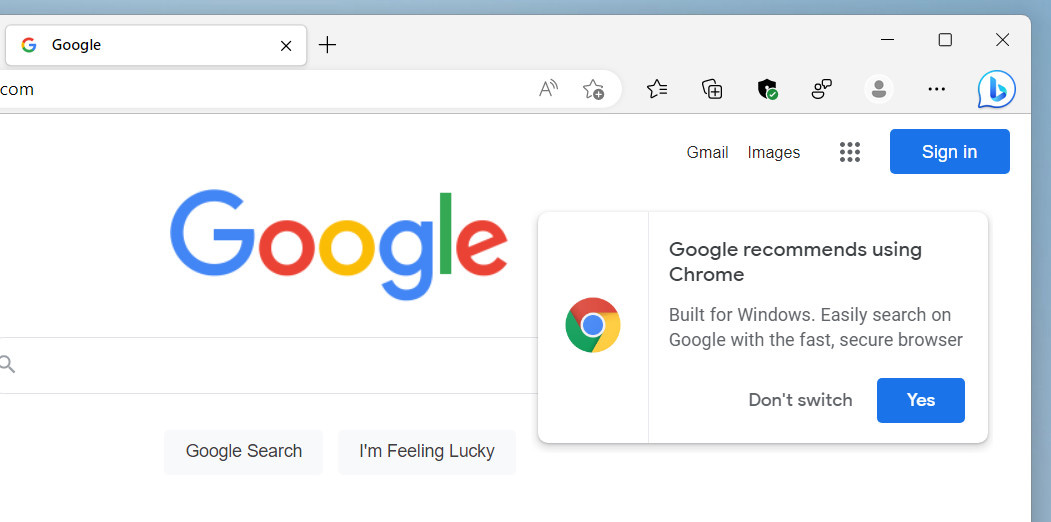 A Chrome banner that appears when you open a Google website from another browser