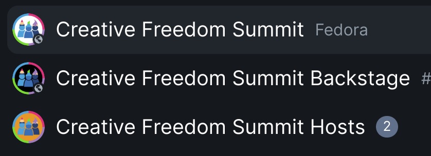 以下是 Element 中显示的三个聊天室列表的截图：Creative Freedom Summit（白色徽标）、Creative Freedom Summit Backstage（黑色徽标）和 Creative Freedom Summit Hosts（橙色徽标）