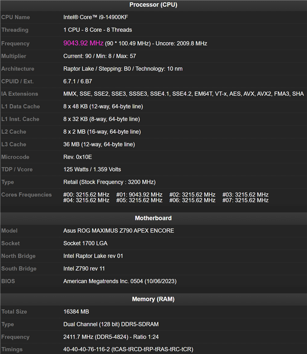 史上首次破9GHz！i9-14900KF超频冲上9.1GHz：丧心病狂用液氦